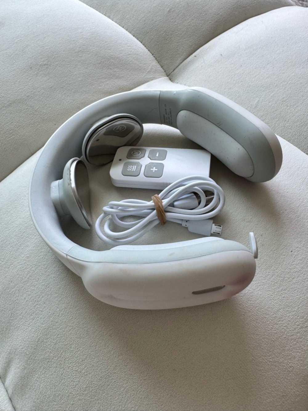 Cordless White Heated Neck Massager with Remote and USB Cable